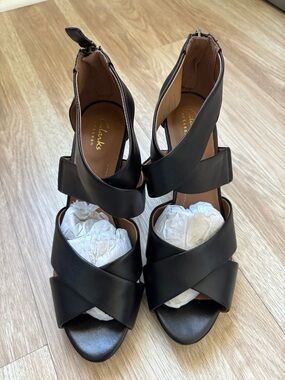 Clarks Black Leather Crisscross Strap Heels